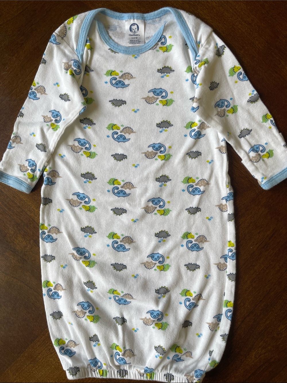 Gerber White Sleep Sack Gown with Blue Trim and Multicolor Dino Print
